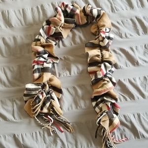 Tan, black, red and white plaid scarf